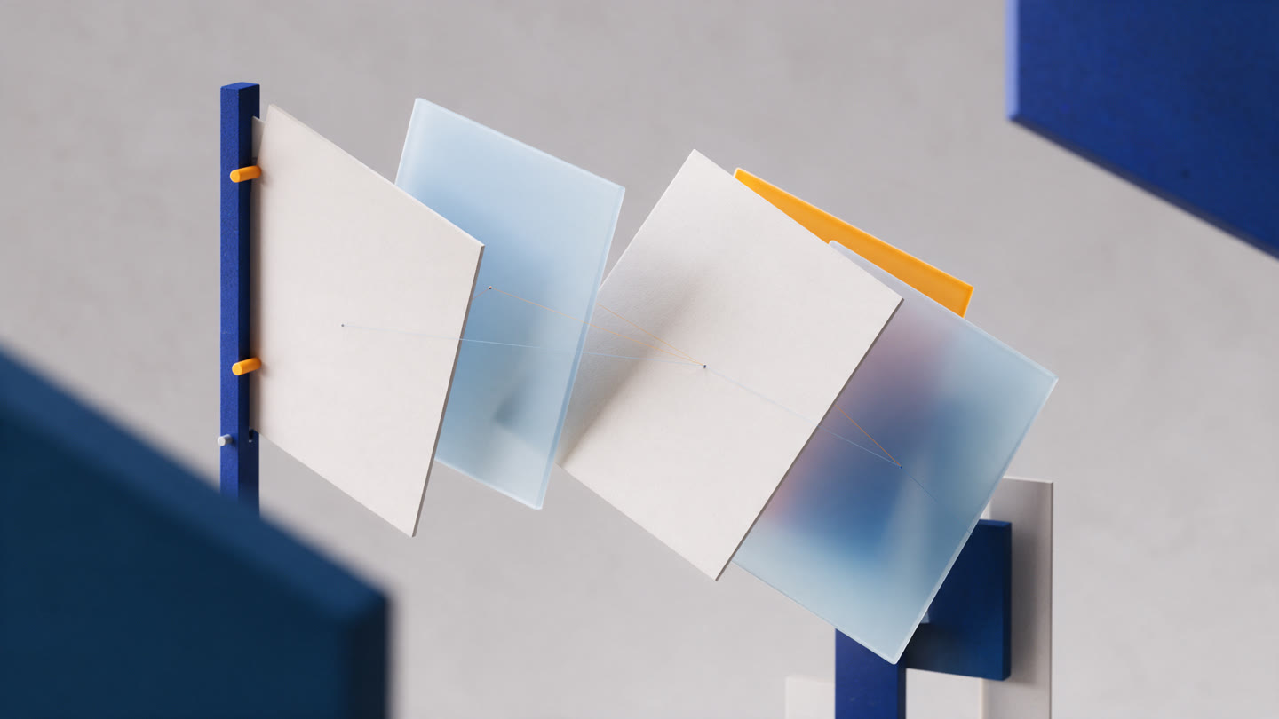 Composición editorial abstracta de capas de papel conectadas, sin texto ni datos.