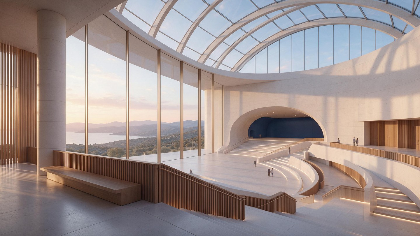 Atrio monumental y sereno de un espacio de congresos contemporáneo, con luz cálida, terrazas, auditorio y paisaje montañoso al fondo.